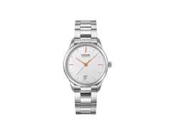 Union Glashütte Viro Datum Automatik Edelstahl 34mm silberfarbenes Zifferblatt Metallband – Damenuhren Uhr mit Datum aus Edelstahl. Das Gehäuse ist rund und silber. Das Edelstahlarmband ist silber. Das Zifferblatt ist ein Index in silber.