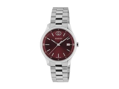 Gucci G-Timeless Quarz Edelstahl 38mm rotes Zifferblatt Metallband YA1264239 – Herrenuhren Uhr mit Datum aus Edelstahl. Das Gehäuse ist rund und silber. Das Edelstahlarmband ist silber. Das Zifferblatt ist ein Index in rot.