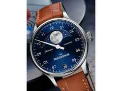 MeisterSinger Lunascope Automatik Edelstahl blaues Zifferblatt, braunes Lederband – Herrenuhren Uhr mit Datum aus Edelstahl. Das Gehäuse ist rund und silber. Das Lederarmband ist braun. Das Zifferblatt ist arabisch und blau. – Ansicht 3