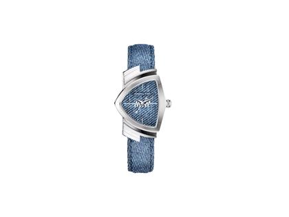 Hamilton Ventura Denim Quartz Edelstahl 24x36mm blaues Zifferblatt Textilband – Damenuhren Uhr ohne Datum aus Edelstahl. Das Gehäuse ist sonstige Form und silber. Das Textilarmband ist blau. Das Zifferblatt ist ein Index in blau.