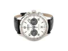 Union Glashütte Noramis Chronograph Sachsen Classic   2013 Limited Edition Automatik D005.427.16.037.07 Full Set mit Garantie Occasion Refurbished – Herrenuhren Uhr mit Datum aus Edelstahl. Das Gehäuse ist rund und silber. Das Lederarmband ist schwarz. Das Zifferblatt ist arabisch Index und silber.