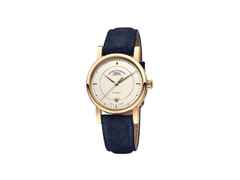 Mühle Glashütte Teutonia IV Lady Gold Limited Edition Automatik Gelbgold 33,5mm beiges Zifferblatt blaues Lederband – Damenuhren Uhr mit Datum aus 1000 Platin. Das Gehäuse ist rund und gelbgold. Das Lederarmband ist blau. Das Zifferblatt ist ein Index in blau.