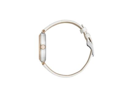Gucci Model 2000 Quarz Edelstahl 30mm silberfarbenes Zifferblatt mit Diamanten weißes Lederband YA167509 – Damenuhren Uhr ohne Datum aus 750 Rotgold, Edelharz, Edelstahl und vergoldet. Das Gehäuse ist rund und silber. Das Lederarmband ist weiß. Das Zifferblatt ist römisch Index und silber. – Ansicht 3