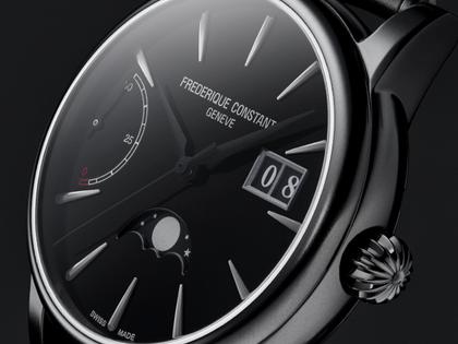 Frederique Constant Manufacture Classic Power Reserve Big Date Automatik Edelstahl Schwarz-DLC 40mm schwarzes Zifferblatt schwarzes Lederband limitiert – Herrenuhren Uhr mit Datum aus DLC beschichtet, Edelstahl und Leder. Das Gehäuse ist rund und schwarz. Das Lederarmband Kroko / Alligator ist schwarz. Das Zifferblatt ist ein Index in schwarz. – Ansicht 3