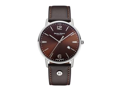 Bruno Söhnle Glashütte Stuttgart III Big Quarz Edelstahl 42mm braunes Zifferblatt braunes Lederband – Herrenuhren Uhr mit Datum aus Edelstahl. Das Gehäuse ist rund und silber. Das Lederarmband ist braun. Das Zifferblatt ist arabisch Index und braun.
