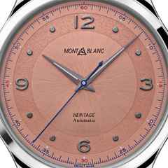 Montblanc Heritage Automatic 40 mm Edelstahl lachsfarbenes Zifferblatt und graues Lederband – Herrenuhren Uhr ohne Datum aus Edelstahl. Das Gehäuse ist rund und silber. Das Lederarmband Kroko / Alligator ist grau. Das Zifferblatt ist arabisch Index und orange. – Ansicht 2