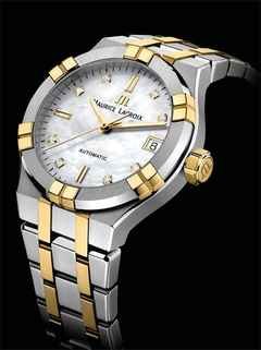 Maurice Lacroix Aikon Automatik Edelstahl 35mm weißes Zifferblatt zweifarbiges Metallband – Damenuhren Uhr mit Datum aus Edelstahl und PVD beschichtet. Das Gehäuse ist rund und silber-gelbgold. Das Edelstahlarmband ist silber-gelbgold. Das Zifferblatt ist ein Index in weiß. – Ansicht 3
