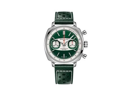 Breitling Top Time B01 Racing Automatik Edelstahl 38mm grünes Zifferblatt grünes Lederband – Herrenuhren Chronograph aus Edelstahl und Leder. Das Gehäuse ist silber. Das Lederarmband ist grün. Das Zifferblatt ist ein Index in grün.