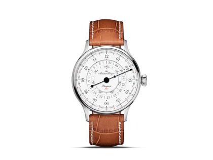 MeisterSinger Pangaea Day Date 365 Automatik Edelstahl 40mm weißes Zifferblatt braunes Lederband – Herrenuhren Uhr mit Datum aus Edelstahl. Das Gehäuse ist rund und silber. Das Lederarmband ist braun. Das Zifferblatt ist arabisch Index und weiß.