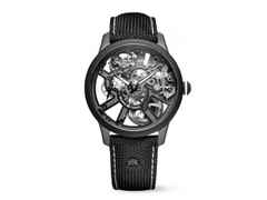 Maurice Lacroix Masterpiece Skeleton Label Noir Handaufzug Edelstahl Schwarz-DLC 43mm schwarzes Zifferblatt schwarzes Textilband – Herrenuhren Uhr ohne Datum aus DLC beschichtet, Edelstahl und PVD beschichtet. Das Gehäuse ist rund und schwarz. Das Textilarmband ist schwarz. Das Zifferblatt ist skelettiert und schwarz.