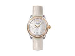 Glashütte Original Lady Serenade Automatik Edelstahl 36mm Perlmutt-Zifferblatt mit Brillanten beiges Lederband – Damenuhren Uhr mit Datum aus 750 Rotgold und Edelstahl. Das Gehäuse ist rund und silber. Das Lederarmband Kroko / Alligator ist weiß. Das Zifferblatt ist römisch Index und weiß.