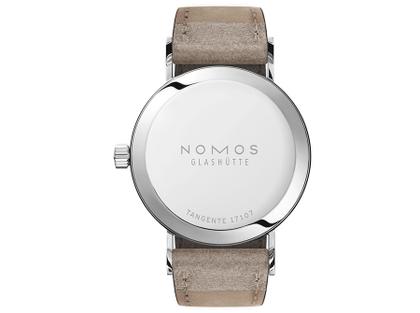 Nomos Glashütte Tangente 33 Duo Handaufzug Edelstahl 33mm weißes Zifferblatt beiges Lederband Stahlboden – Damenuhren Uhr ohne Datum aus Edelstahl. Das Gehäuse ist rund und silber. Das Lederarmband ist beige. Das Zifferblatt ist arabisch Index und weiß. – Ansicht 2