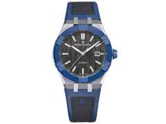 Maurice Lacroix AIKON-IC Automatik Edelstahl 43mm Carbon-Zifferblatt blaues Kautschukband – Herrenuhren Uhr mit Datum aus Carbon, Edelstahl, Kautschuk, Keramik und Leder. Das Gehäuse ist rund und silber. Das Kautschuk / Kunststoff / Silikon Armband ist blau. Das Zifferblatt ist ein Index in schwarz.