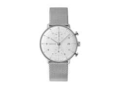 Junghans Max Bill Chronoscope Automatik Edelstahl 40mm silbernes Zifferblatt Metallband – Herrenuhren Chronograph aus Edelstahl. Das Gehäuse ist rund und silber. Das Metallarmband ist silber. Das Zifferblatt ist arabisch Index und silber.