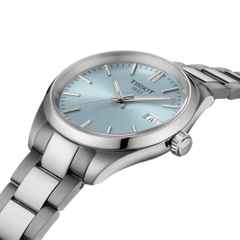 Tissot PR 100 Quarz Edelstahl 34mm hellblaues Zifferblatt Metallband – Damenuhren Uhr mit Datum aus Edelstahl. Das Gehäuse ist rund und silber. Das Edelstahlarmband ist silber. Das Zifferblatt ist ein Index in blau. – Ansicht 2