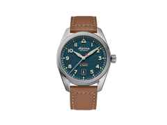 Alpina Startimer Pilot Automatik Edelstahl 40mm blaues Zifferblatt braunes Lederband – Herrenuhren Uhr mit Datum aus Edelstahl und Leder. Das Gehäuse ist rund und silber. Das Lederarmband ist braun. Das Zifferblatt ist arabisch Index und blau.