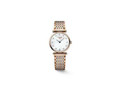 Longines La Grande Classique Quarz Edelstahl Roségold-PVD 24mm weißes Perlmutt-Zifferblatt Diamanten Metallband – Damenuhren Uhr ohne Datum aus Edelstahl und PVD beschichtet. Das Armband ist ein Edelstahlarmband. Der Zifferblatt ist ein Index.