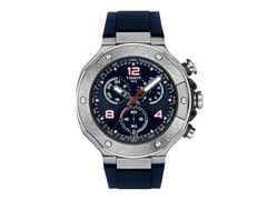 Tissot T-Race MotoGP                  2024 Chronograph Limited Edition  Quarz Edelstahl 45mm blaues Zifferblatt blaues Silikonband – Herrenuhren Chronograph aus Edelstahl. Das Gehäuse ist rund und silber. Das Kautschuk / Kunststoff / Silikon Armband ist blau. Das Zifferblatt ist arabisch Index und blau.