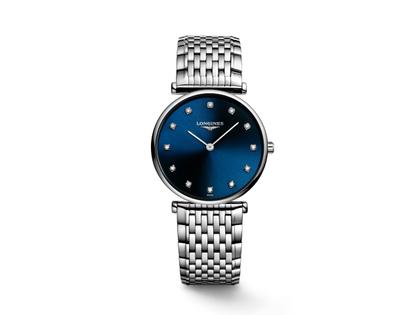 Damenuhren Uhr ohne Datum aus Edelstahl und PVD beschichtet. Das Gehäuse ist rund und silber. Das Edelstahlarmband ist silber. Das Zifferblatt ist ein Index in blau.