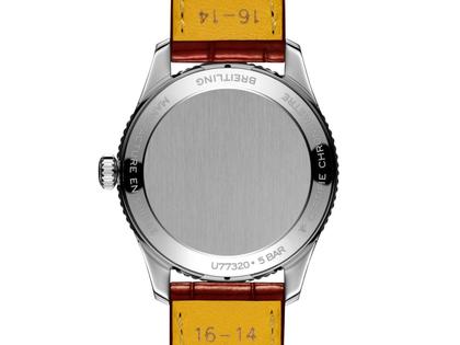 Breitling Navitimer 32 Quarz Edelstahl weißes Perlmutt-Zifferblatt braunes Lederband – Damenuhren Uhr ohne Datum aus 750 Rotgold, Edelstahl und Leder. Das Gehäuse ist rund und silber. Das Lederarmband Kroko / Alligator ist braun. Das Zifferblatt ist arabisch Index und weiß. – Ansicht 2