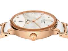 Rado Centrix Diamonds Quarz Edelstahl Roségold-PVD 35mm weißes Perlmutt-Zifferblatt mit Brillanten Metallband – Damenuhren Uhr mit Datum aus Edelstahl, Keramik und PVD beschichtet. Das Gehäuse ist rund und roségold. Das Edelstahlarmband ist roségold. Das Zifferblatt ist ein Index in weiß. – Ansicht 3