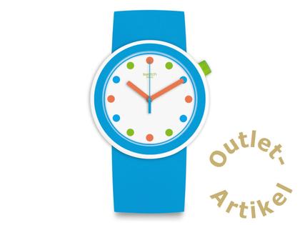 Herrenuhren Uhr ohne Datum aus Kunststoff. Das Gehäuse ist rund und blau. Das Kautschuk / Kunststoff / Silikon Armband ist blau. Das Zifferblatt ist ein Index in weiß.