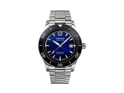 Union Glashütte Noramis Datum Sport Automatik Edelstahl 42mm blaues Zifferblatt Metallband – Herrenuhren Uhr mit Datum aus Edelstahl und Keramik. Das Gehäuse ist rund und silber. Das Edelstahlarmband ist silber. Das Zifferblatt ist ein Index in blau.