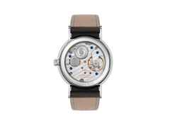 Nomos Glashütte Ludwig 33 Noir Handaufzug Edelstahl schwarzes Zifferblatt schwarzes Lederband Glasboden – Damenuhren Uhr ohne Datum aus Edelstahl und Leder. Das Gehäuse ist rund und silber. Das Lederarmband ist schwarz. Das Zifferblatt ist römisch Index und schwarz. – Ansicht 4
