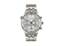 Sinn Spezialuhren 6099 Frankfurter Finanzplatzuhr Automatik Edelstahl 41,5mm silberfarbenes Zifferblatt Metallband limitiert – Herrenuhren Chronograph aus Edelstahl. Das Gehäuse ist rund und silber. Das Edelstahlarmband ist silber. Das Zifferblatt ist ein Index in silber.