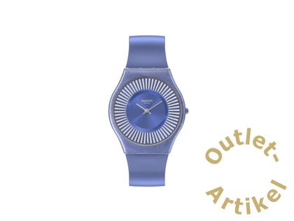 Swatch "Metro Deco" Quarz Kunststoff 34mm blaues Zifferblatt blaues Silikonband – Damenuhren Uhr ohne Datum aus Kunststoff. Das Gehäuse ist rund und blau. Das Kautschuk / Kunststoff / Silikon Armband ist blau. Das Zifferblatt ist ein Index in blau.