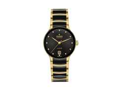 Rado Centrix Diamonds Automatik Edelstahl Gelbgold-PVD 35mm schwarzes Zifferblatt mit Brillanten Metallband – Damenuhren Uhr mit Datum aus Edelstahl, Keramik und PVD beschichtet. Das Gehäuse ist rund und gelbgold. Das Keramikarmband ist schwarz. Das Zifferblatt ist ein Index in schwarz.