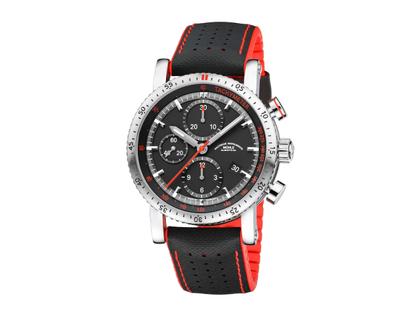 Mühle Glashütte Teutonia Sport I Chronograph Automatik Edelstahl 42mm schwarzes Zifferblatt schwarzes Lederband – Herrenuhren Chronograph aus Edelstahl, Kautschuk und Leder. Das Gehäuse ist rund und silber. Das Lederarmband ist schwarz. Das Zifferblatt ist ein Index in schwarz. – Ansicht 2