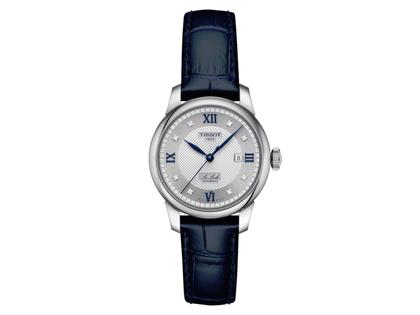 Tissot Le Locle Automatik Lady 20th Anniversary Edelstahl silberfarbenes Zifferblatt dunkelblaues Lederband – Damenuhren Uhr mit Datum aus Edelstahl und Leder. Das Gehäuse ist rund und silber. Das Lederarmband ist silber. Das Zifferblatt ist römisch Index und silber.