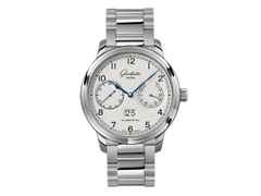 Glashütte Original Senator Observer Automatik Edelstahl 44mm silbernes Zifferblatt Metallband – Herrenuhren Uhr mit Datum aus Edelstahl. Das Gehäuse ist rund und silber. Das Edelstahlarmband ist silber. Das Zifferblatt ist arabisch und silber.