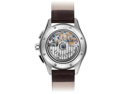 Union Glashütte Belisar Chronograph Mondphase Automatik Edelstahl 42mm graues Zifferblatt schwarzes Lederband – Herrenuhren Chronograph aus Edelstahl. Das Gehäuse ist rund und silber. Das Lederarmband ist schwarz. Das Zifferblatt ist arabisch Index und grau. – Ansicht 6
