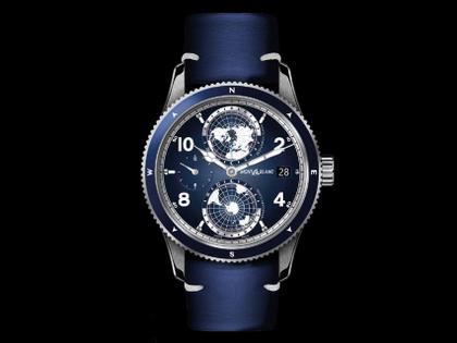 Montblanc 1858 Automatic Geosphere Titan – Herrenuhren Uhr mit Datum aus Titan. Das Gehäuse ist rund und silber. Das Lederarmband ist blau. Das Zifferblatt ist arabisch Index und blau. – Ansicht 4