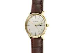 Sternglas Berlin Quarz Edelstahl Gelbgold-PVD 38mm beiges Zifferblatt braunes Lederband – Herrenuhren Uhr mit Datum aus Edelstahl, Leder und PVD beschichtet. Das Gehäuse ist rund und gelbgold. Das Lederarmband ist braun. Das Zifferblatt ist arabisch Index und beige. – Ansicht 2