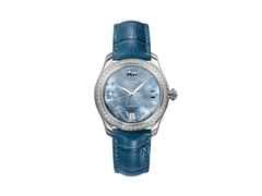 Glashütte Original Lady Serenade Automatik Edelstahl 36mm blaues Perlmutt-Zifferblatt mit Brillanten blaues Lederband – Damenuhren Uhr mit Datum aus Edelstahl. Das Gehäuse ist rund und silber. Das Lederarmband Kroko / Alligator ist blau. Das Zifferblatt ist römisch Index und blau.