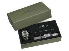 Hamilton American Classic Intra-Matic Chronograph H Handaufzug Edelstahl 40mm grünes Zifferblatt grünes Lederband – Herrenuhren Chronograph aus Edelstahl. Das Gehäuse ist rund und silber. Das Lederarmband ist grün. Das Zifferblatt ist ein Index in grün. – Ansicht 7
