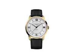 Frederique Constant Classics Premiere Automatik Edelstahl gelbgoldfarben-PVD 38,5mm weißes Zifferblatt schwarzes Lederband – Herrenuhren Uhr ohne Datum aus Edelstahl, Leder und PVD beschichtet. Das Gehäuse ist rund und silber. Das Lederarmband ist schwarz. Das Zifferblatt ist römisch Index und weiß.