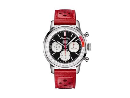 Breitling Top Time B01 Deus Automatik Edelstahl 41mm schwarzes Zifferblatt rotes Lederband – Herrenuhren Chronograph aus Edelstahl. Das Gehäuse ist rund und silber. Das Lederarmband ist rot. Das Zifferblatt ist ein Index in schwarz.