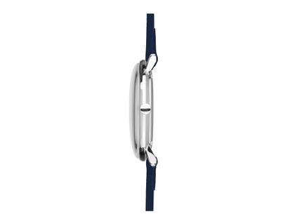 Junghans Max Bill Damen Quarz Edelstahl 32,7mm weißes Zifferblatt dunkelblaues Lederband – Damenuhren Uhr mit Datum aus Edelstahl. Das Gehäuse ist rund und silber. Das Lederarmband ist blau. Das Zifferblatt ist arabisch Index und weiß. – Ansicht 3