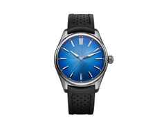 H. Moser & Cie. Pioneer Centre Seconds Arctic Blue Fumé Automatik Edelstahl 40mm blaues Zifferblatt schwarzes Kautschukband – Herrenuhren Uhr ohne Datum aus Edelstahl. Das Gehäuse ist rund und silber. Das Kautschuk / Kunststoff / Silikon Armband ist schwarz. Das Zifferblatt ist ein Index in blau.