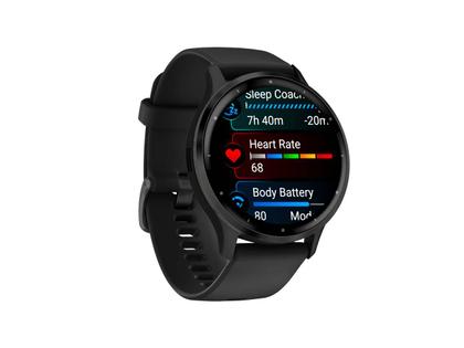 Garmin Venu 3 faserverstärktes Polymer Schiefergrau 45mm schwarzes Kautschukband – Herrenuhren Uhr Multifunktion aus Edelstahl, Kautschuk, Kunststoff und PVD beschichtet. Das Gehäuse ist rund und anthrazit. Das Kautschuk / Kunststoff / Silikon Armband ist schwarz. Das Zifferblatt ist digital und schwarz. – Ansicht 7