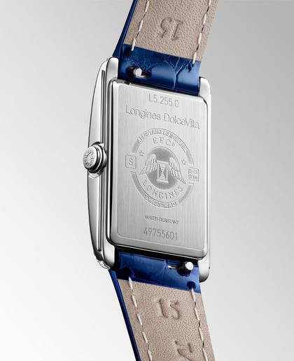 Longines DolceVita   Mini Quarz Edelstahl 21x32mm silbernes Zifferblatt römisch mit Brillanten blaues Lederband – Damenuhren Uhr ohne Datum aus Edelstahl. Das Gehäuse ist rechteckig und silber. Das Lederarmband Kroko / Alligator ist blau. Das Zifferblatt ist römisch und silber. – Ansicht 2