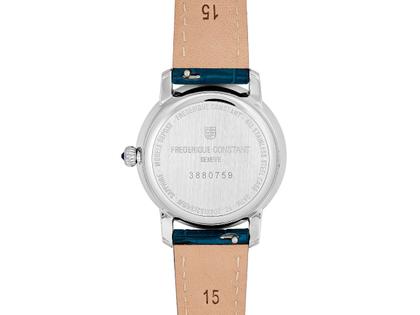 Frederique Constant Slimline Ladies Moonphase Quarz Edelstahl 30mm Perlmutt-Zifferblatt blaues Lederband – Damenuhren Uhr ohne Datum aus Edelstahl und Leder. Das Gehäuse ist rund und silber. Das Lederarmband ist blau. Das Zifferblatt ist ein Index in blau. – Ansicht 2
