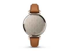Garmin Lily 2 Smartwatch Aluminium eloxiert 35mm cremegoldfarbenes Display tanbraunes Lederband – Damenuhren Uhr Multifunktion aus eloxiertes Aluminium, Kunststoff und Polyamid. Das Gehäuse ist rund. Das Lederarmband ist braun. Der Zifferblatt ist digital. – Ansicht 4