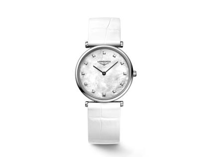 Longines La Grande Classique De Longines 29mm ZIfferblatt Perlmutt – Damenuhren Uhr ohne Datum aus Edelstahl. Das Gehäuse ist rund und silber. Das Lederarmband ist silber. Das Zifferblatt ist ein Index in weiß.