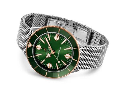 Breitling Superocean Heritage 57 Highlands Automatik Edelstahl 38mm grünes Zifferblatt Metallband – Herrenuhren Uhr ohne Datum aus 750 Rotgold, Edelstahl und Keramik. Das Gehäuse ist rund und silber-roségold. Das Edelstahlarmband ist silber. Das Zifferblatt ist ein Index in grün. – Ansicht 3