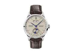 Union Glashütte 1893 Johannes Dürrstein Edition Doppelmondphase Handaufzug Edelstahl 41mm beiges Zifferblatt braunes Lederband – Herrenuhren Uhr mit Datum aus Edelstahl und Leder. Das Gehäuse ist rund und silber. Das Lederarmband ist braun. Das Zifferblatt ist römisch Index und beige.